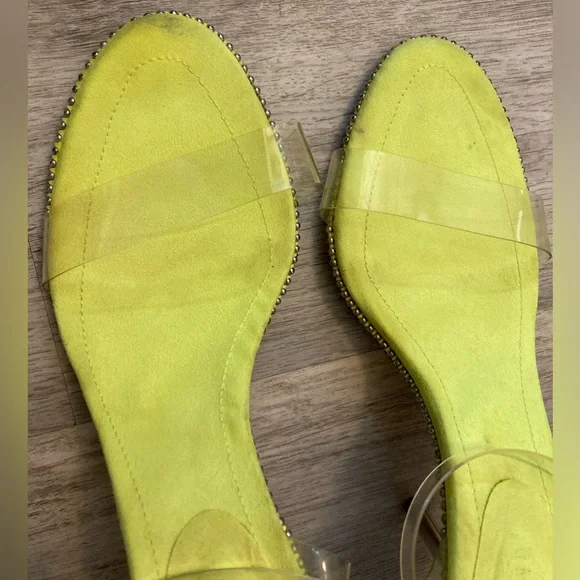 Fashion Nova Neon Yellow Green Heels Silver Studs Clear Adjustable Straps 8.5 - Picture 9 of 15